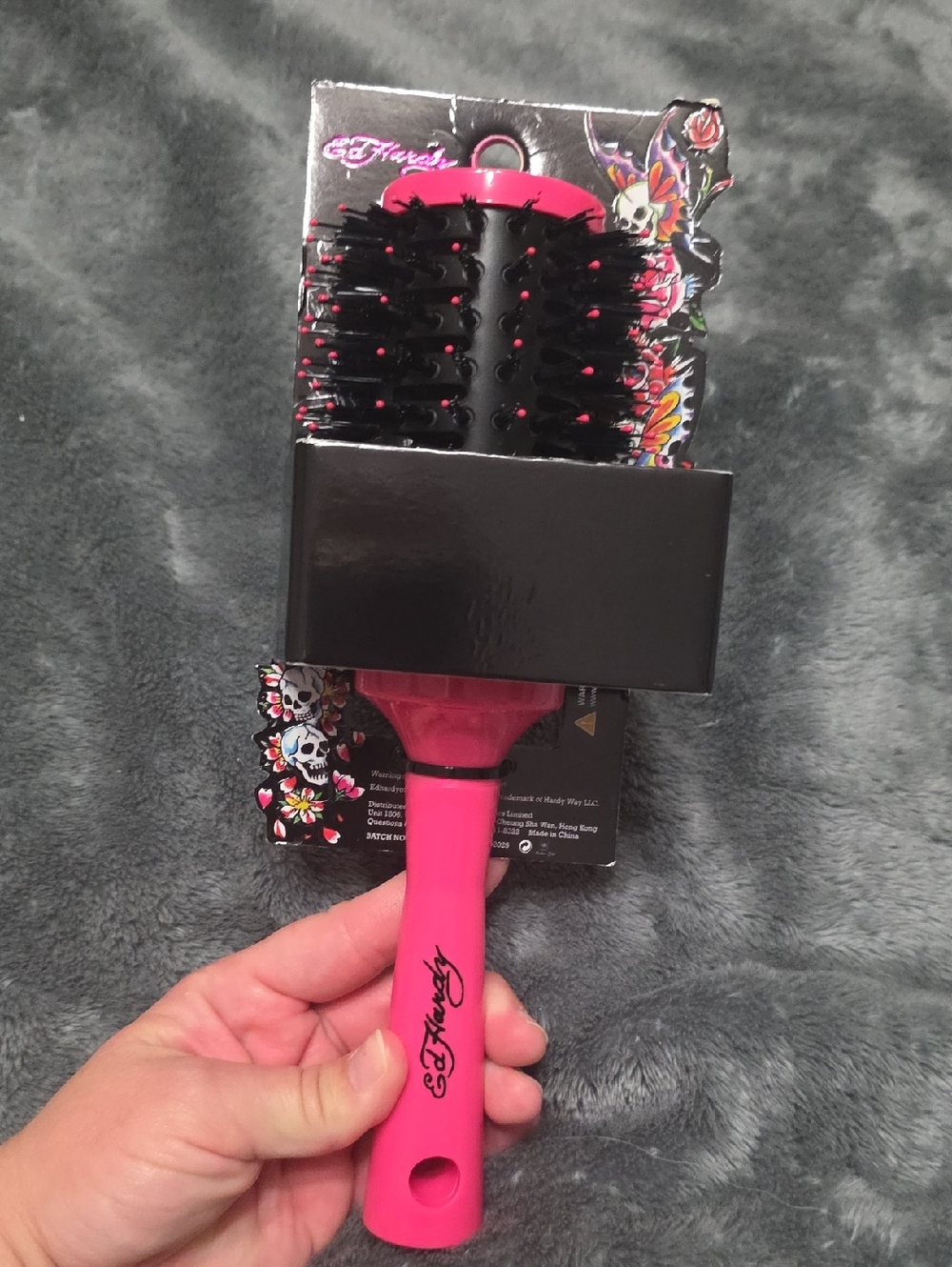Ed Hardy Hot Pink Round Vent Brush with Black Bristles NWT